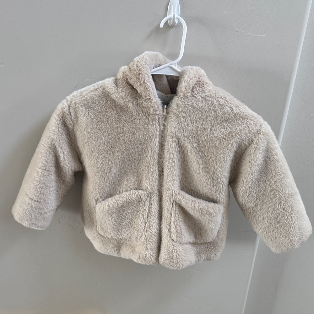 Zara Kids Beige Plush Hooded Zip Puffer Jacket